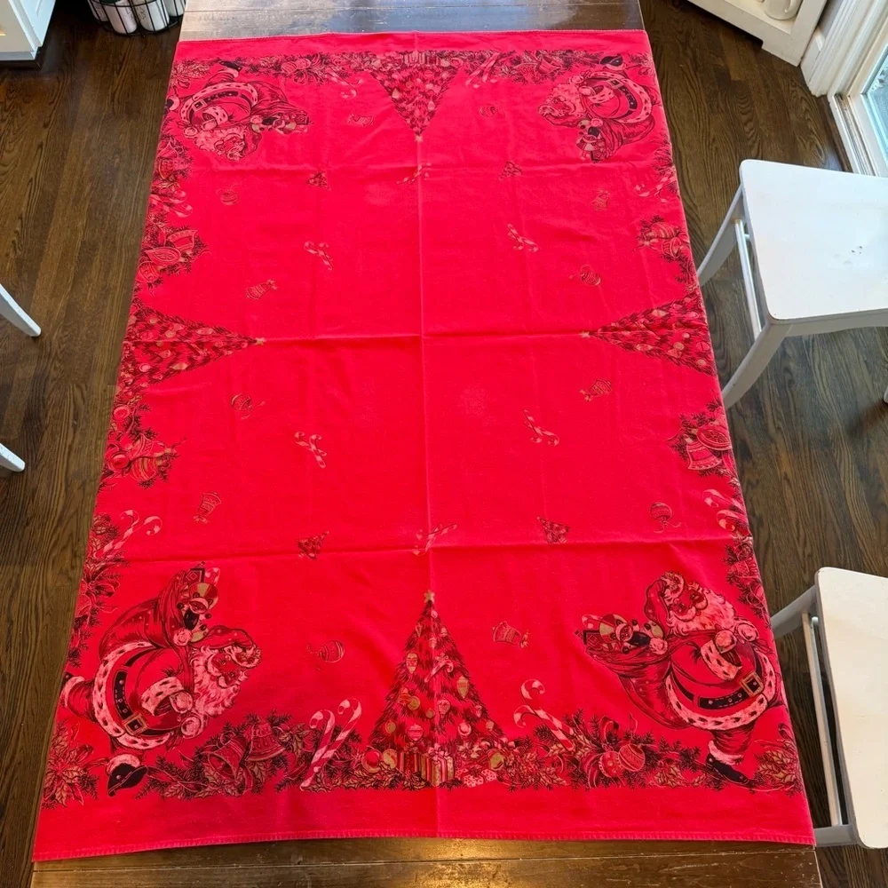 Vintage MCM Christmas Tablecloth Bright Red Santa Christmas Tree Gifts 48x60 GUC
